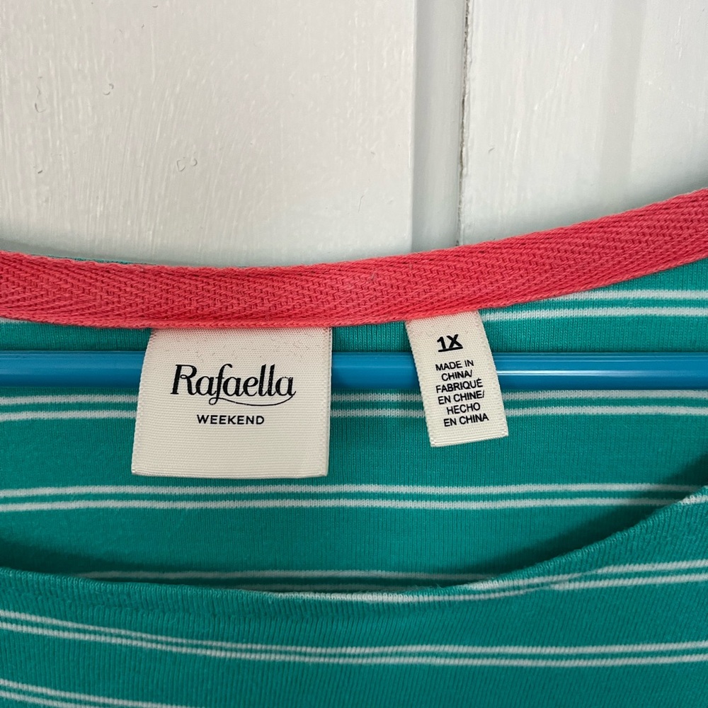 Rafaella Teal and White Striped Long Sleeve Knit Top with Red Trim - Picture 3 of 5